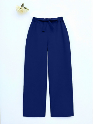 Double Fabric Waist Belted Wide Leg Trousers   -Saxe 