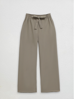 Double Fabric Waist Belted Wide Leg Trousers   -Mink color