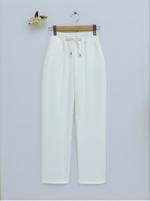 Slim Leg Trousers with Waist Lace -White