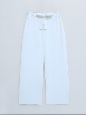Double Fabric Waist Belted Wide Leg Trousers  -White