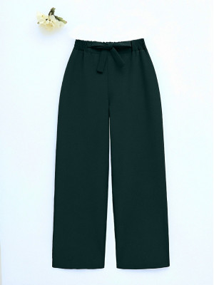 Double Fabric Waist Belted Wide Leg Trousers   -Emerald