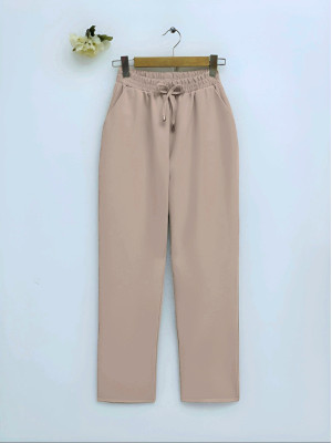 Slim Leg Trousers with Waist Lace - Beige