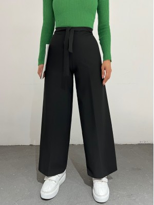Double Fabric Waist Belted Wide Leg Trousers -Black