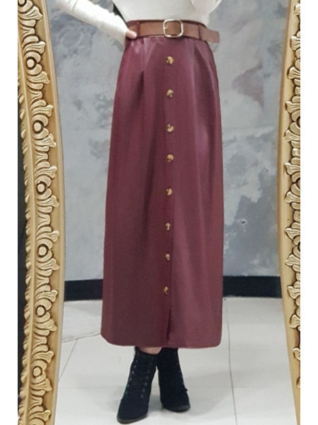 Buttoned Leather Skirt -Maroon