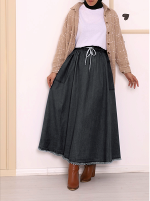  Fringed Skirt With Pockets Denim Skirt  -Smoked 