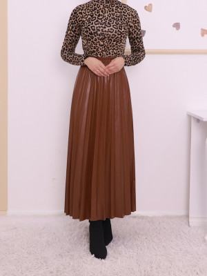 Elastic Waist Pleated Leather Skirt  -Snuff
