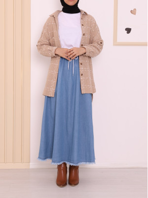  Fringed Skirt With Pockets Denim Skirt -Blue