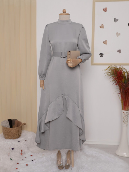 Front Frilly Sleeve Elastic Belt Dress -Grey