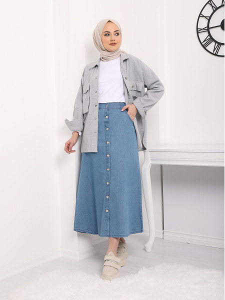 Button Down Front and Back Pockets Denim Skirt -Blue