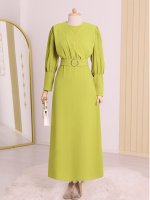 Önü Drapeli Tokalı Kemerli Elbise -F.Yeşili