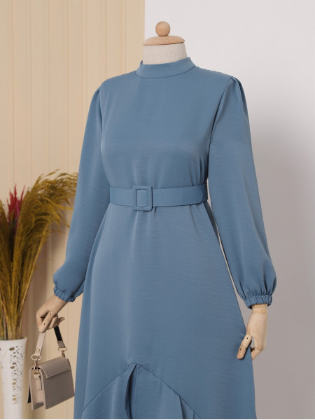 Front Frilly Sleeve Elastic Belt Dress -İndigo