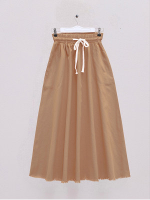 Tasseled Skirt Pocket Gabardine Mevlana Skirt -Mink color