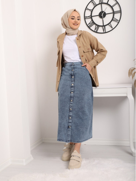 Button Down Front and Back Pockets Denim Skirt -Ice Blue
