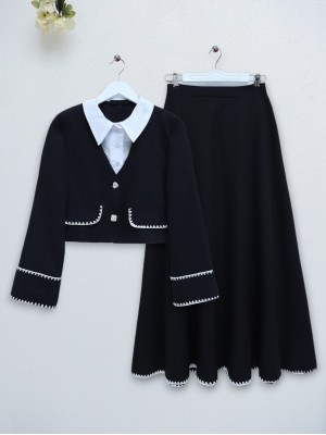 Shirt Detailed Stoned Button Skirt Suit -Black