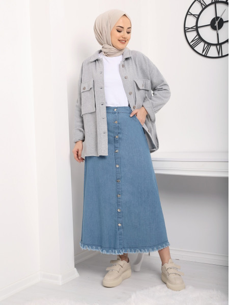 Tasseled Buttoned Front and Back Pocket Denim Skirt -Blue