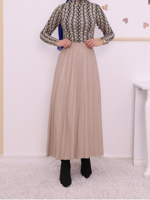 Elastic Waist Pleated Leather Skirt -Cream color