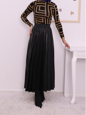 Elastic Waist Pleated Leather Skirt -Black