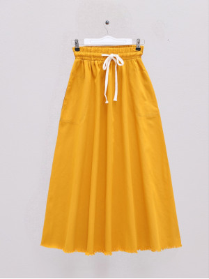 Tasseled Skirt Pocket Gabardine Mevlana Skirt -Mustard
