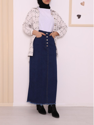 Tasseled Half Buttoned Denim Skirt -Navy blue