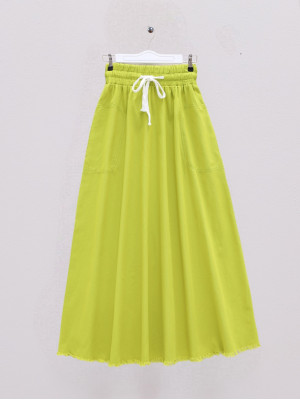 Tasseled Skirt Pocket Gabardine Mevlana Skirt -PISTACHIO GREEN