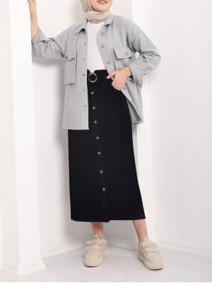 Buttoned Long Denim Skirt -Black
