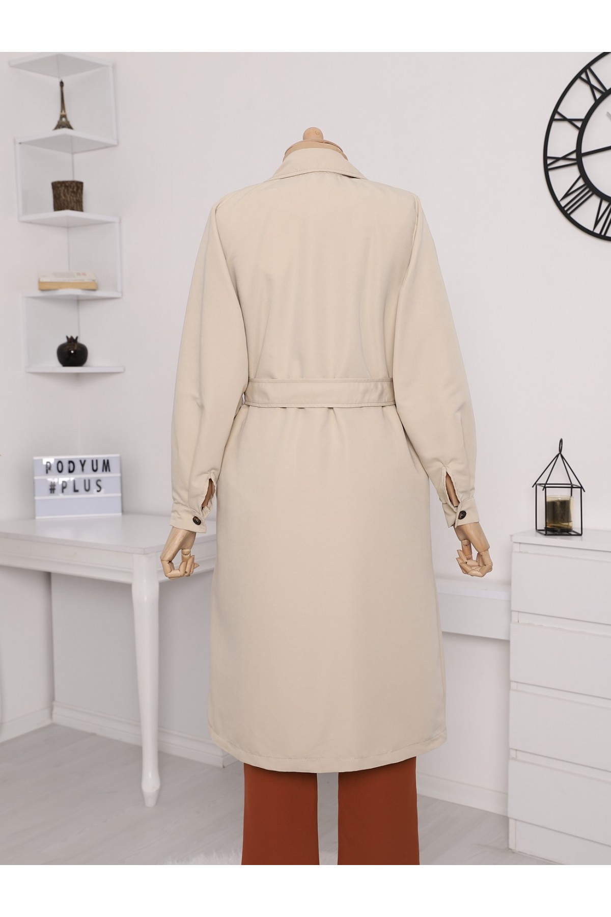 Buckled Belt Buttoned Balloon Sleeve Trench Coat