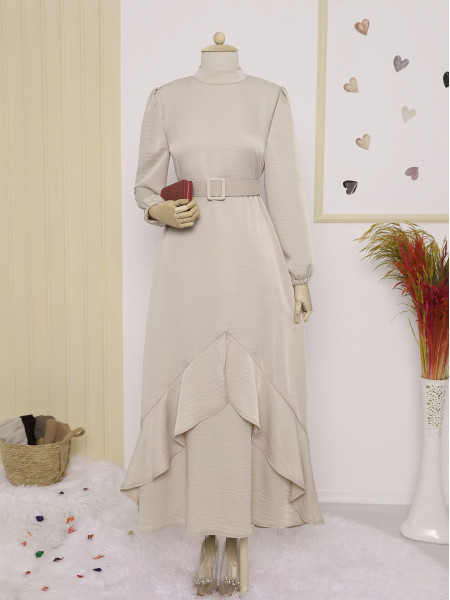 Front Frilly Sleeve Elastic Belt Dress - Beige
