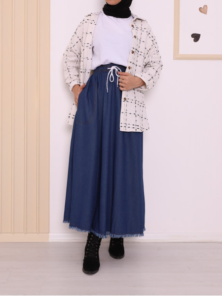  Fringed Skirt With Pockets Denim Skirt -İndigo