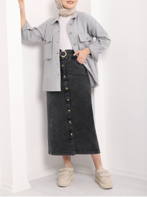 Buttoned Long Denim Skirt  -Smoked 
