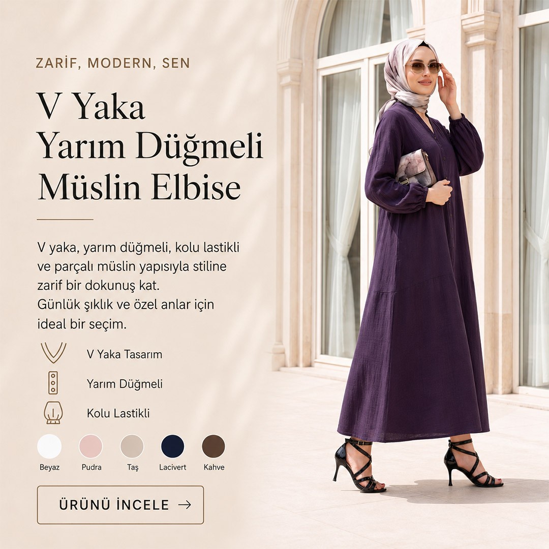 V Yaka Yarım Düğmeli Kolu Lastikli Parçalı Müslin Elbise -Mürdüm