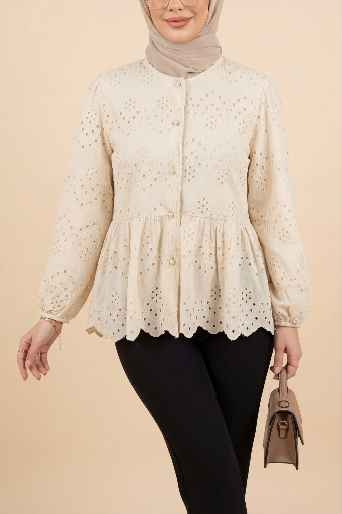 Elastic Sleeve Openwork Buttoned Lined Shirt - Beige