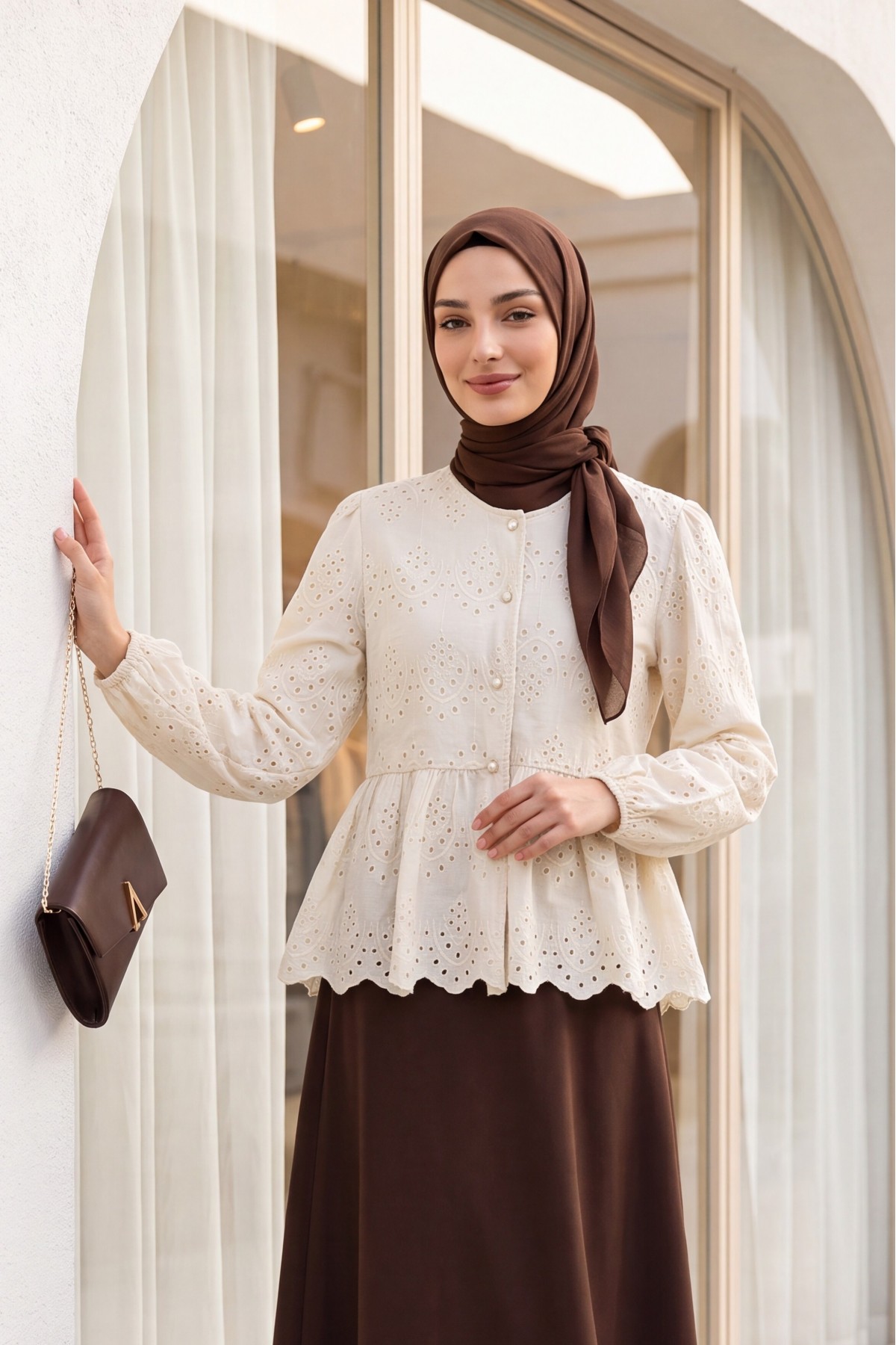 Elastic Sleeve Openwork Buttoned Lined Shirt - Beige