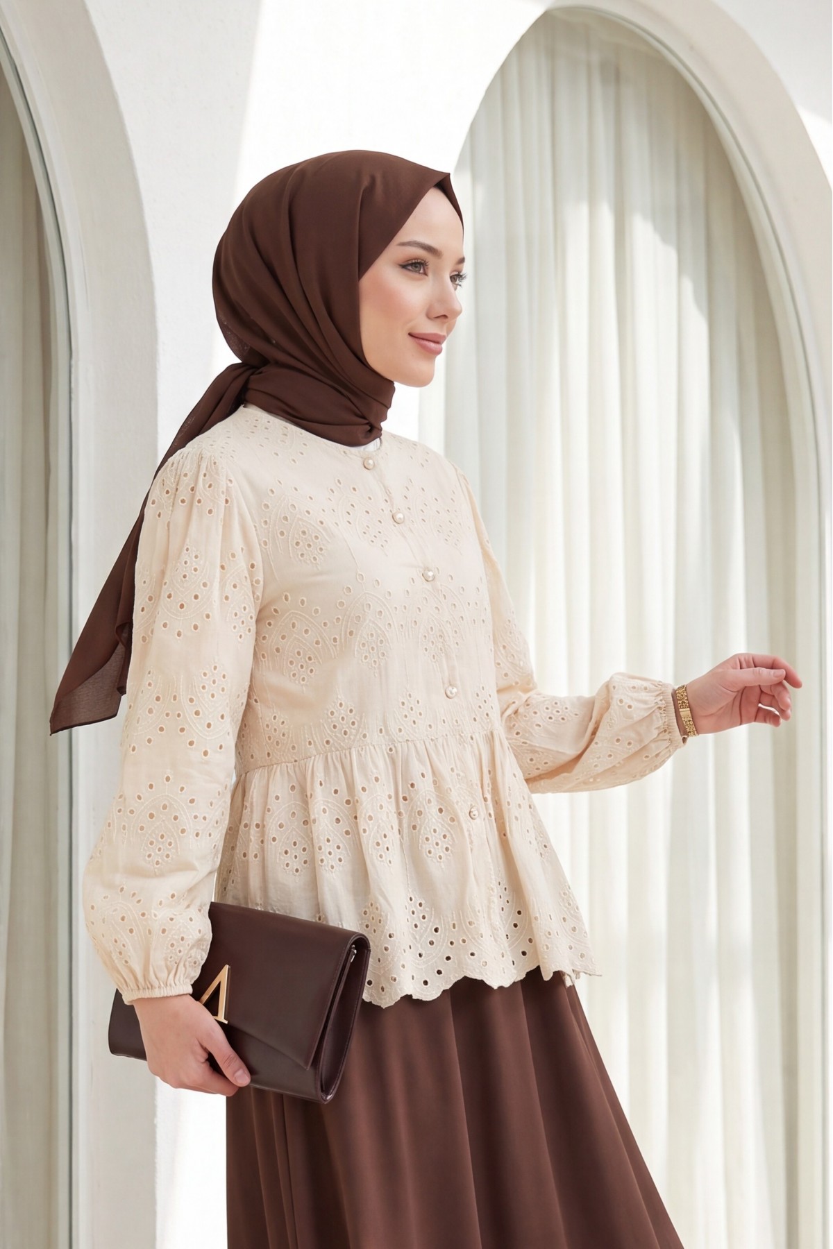 Elastic Sleeve Openwork Buttoned Lined Shirt - Beige