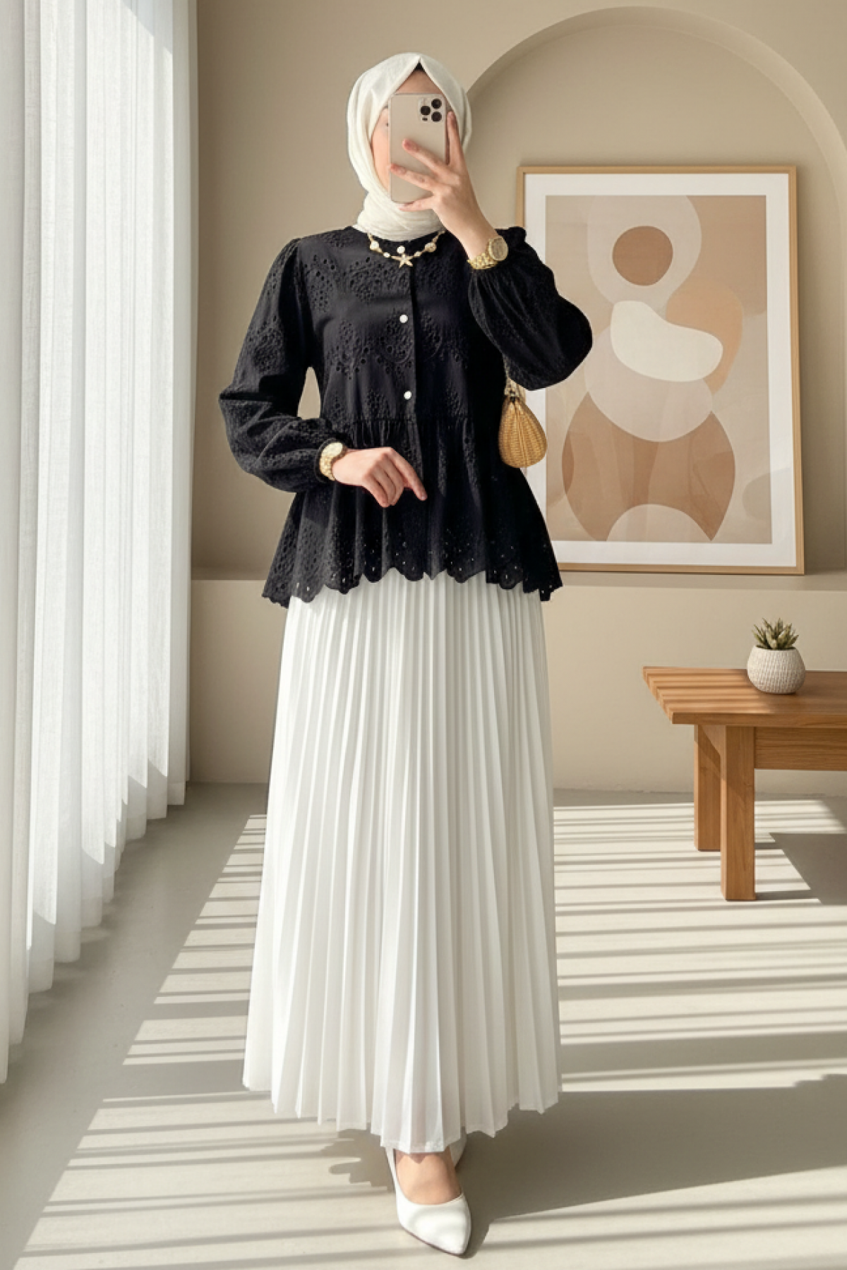 Elastic Sleeve Openwork Buttoned Lined Shirt -Black