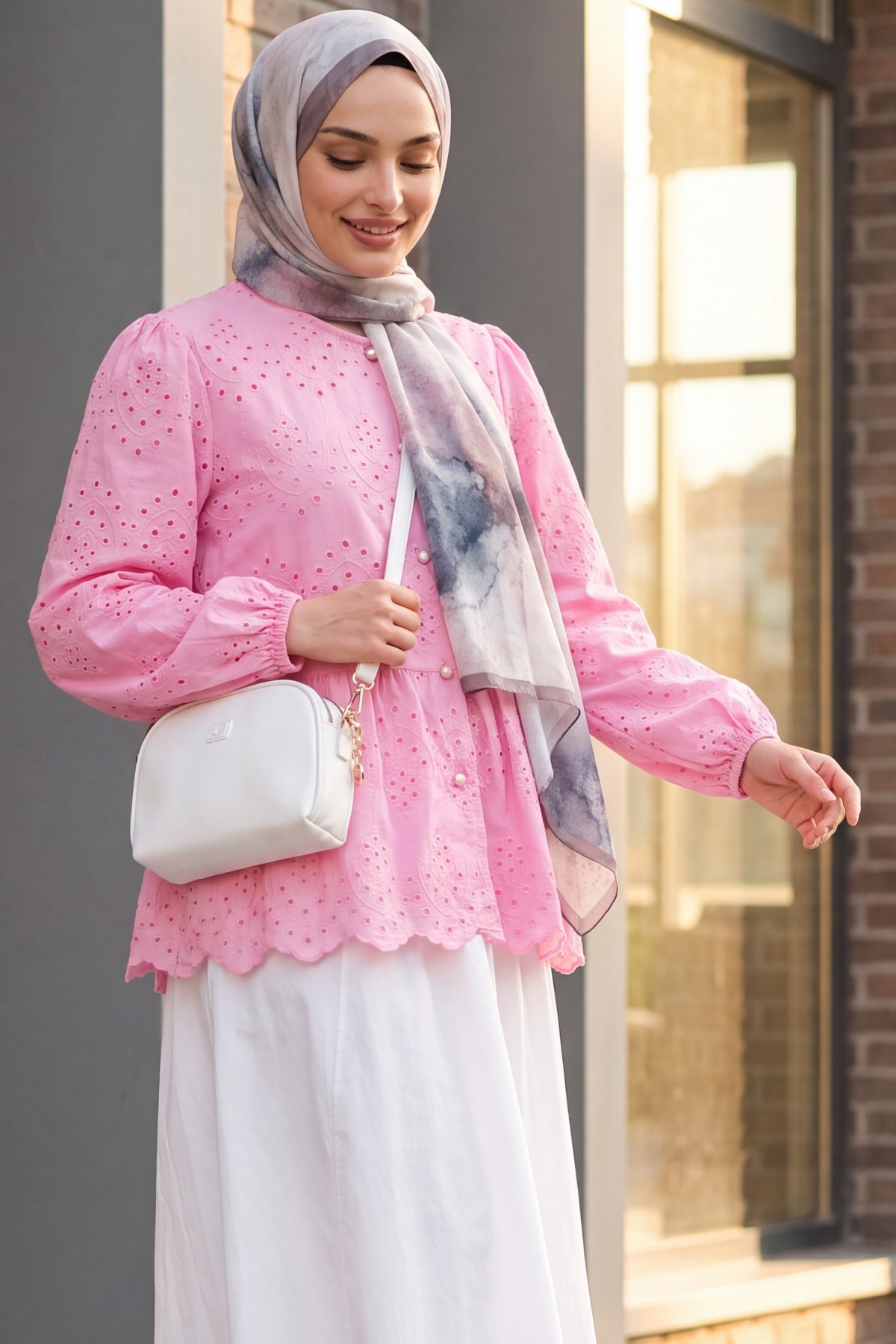 Elastic Sleeve Openwork Buttoned Lined Shirt  -Pink