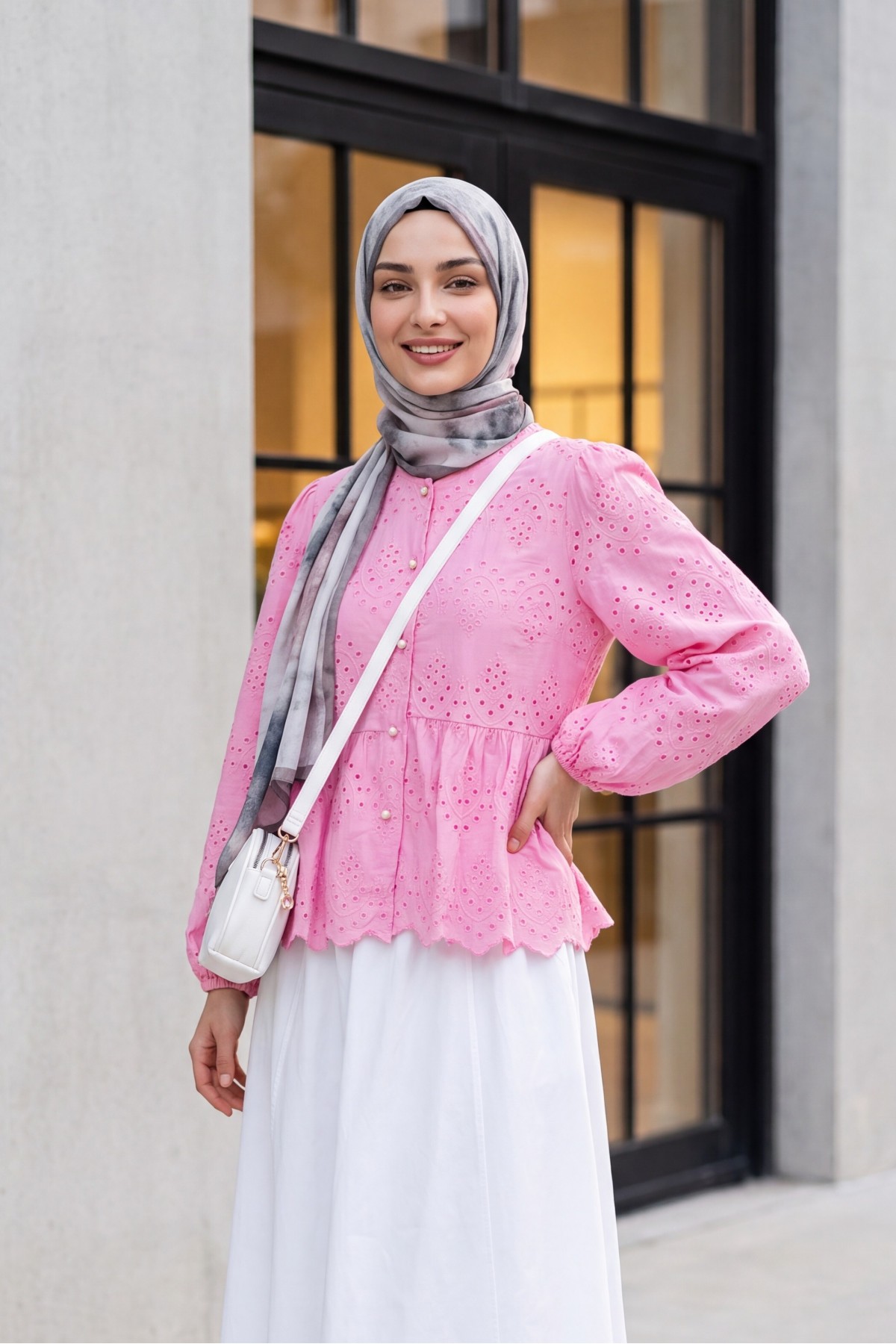 Elastic Sleeve Openwork Buttoned Lined Shirt  -Pink