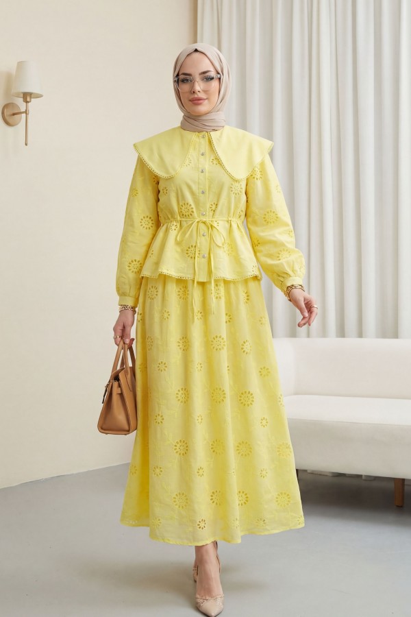 Peter Pan Collar, Elasticated Waist, Drawstring, Embroidered, Lined Linen Set -Yellow