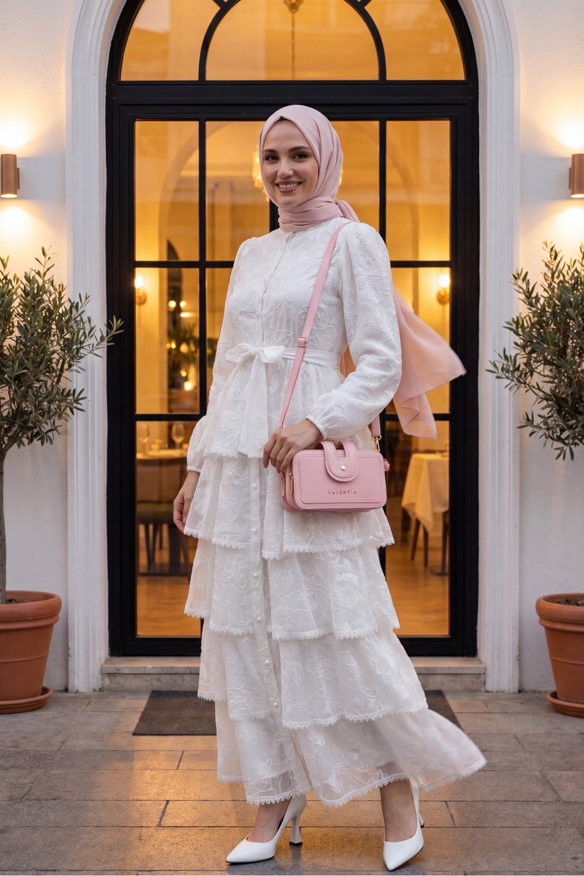 Full-Length Buttoned, Belted, Lined, Layered Chiffon Dress -White detay görseli