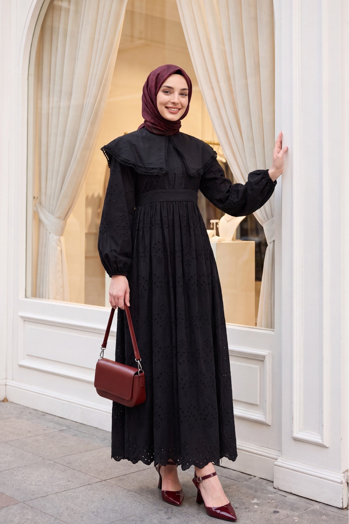 Cape Collar Lace Detail Dress -Black