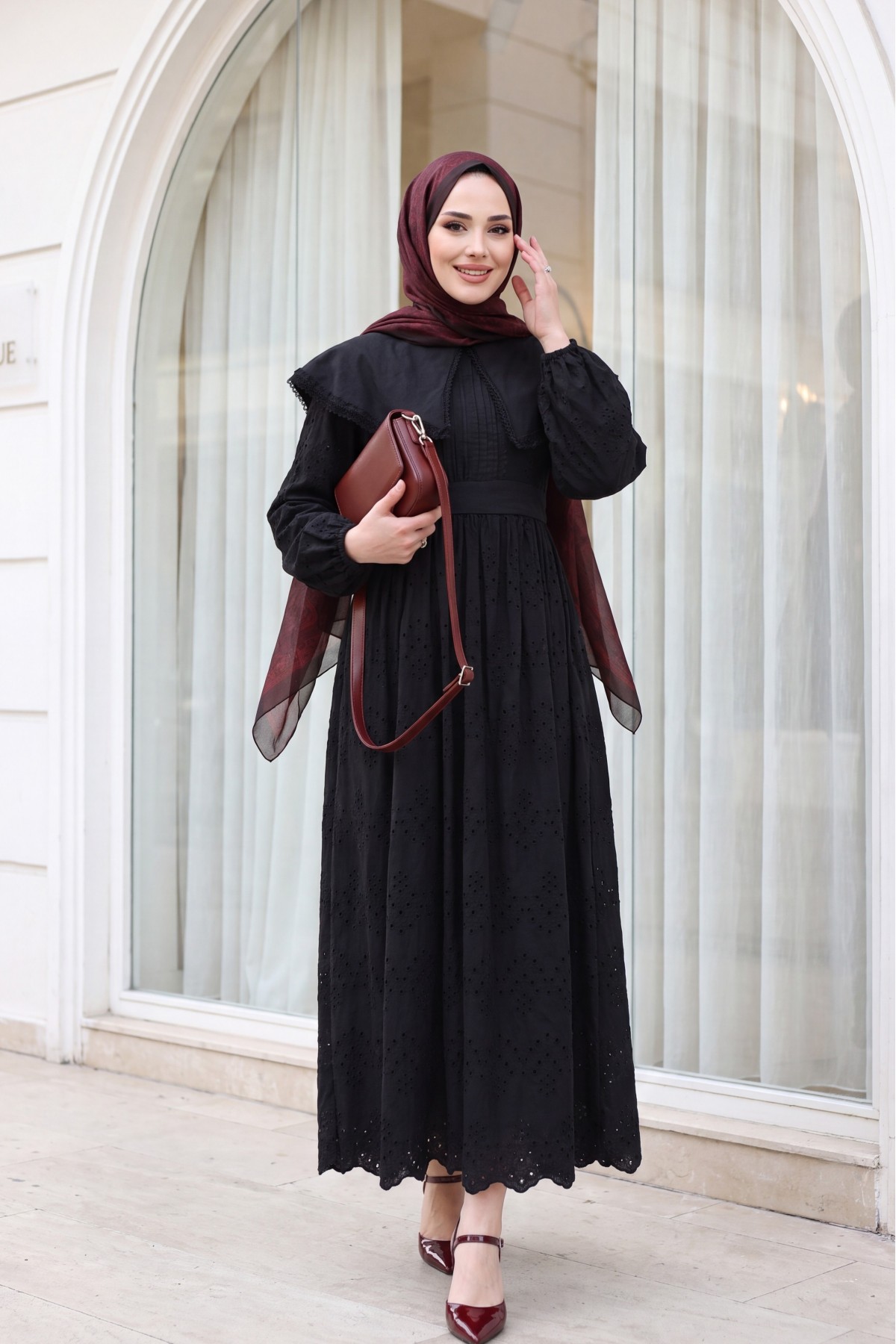 Cape Collar Lace Detail Dress -Black