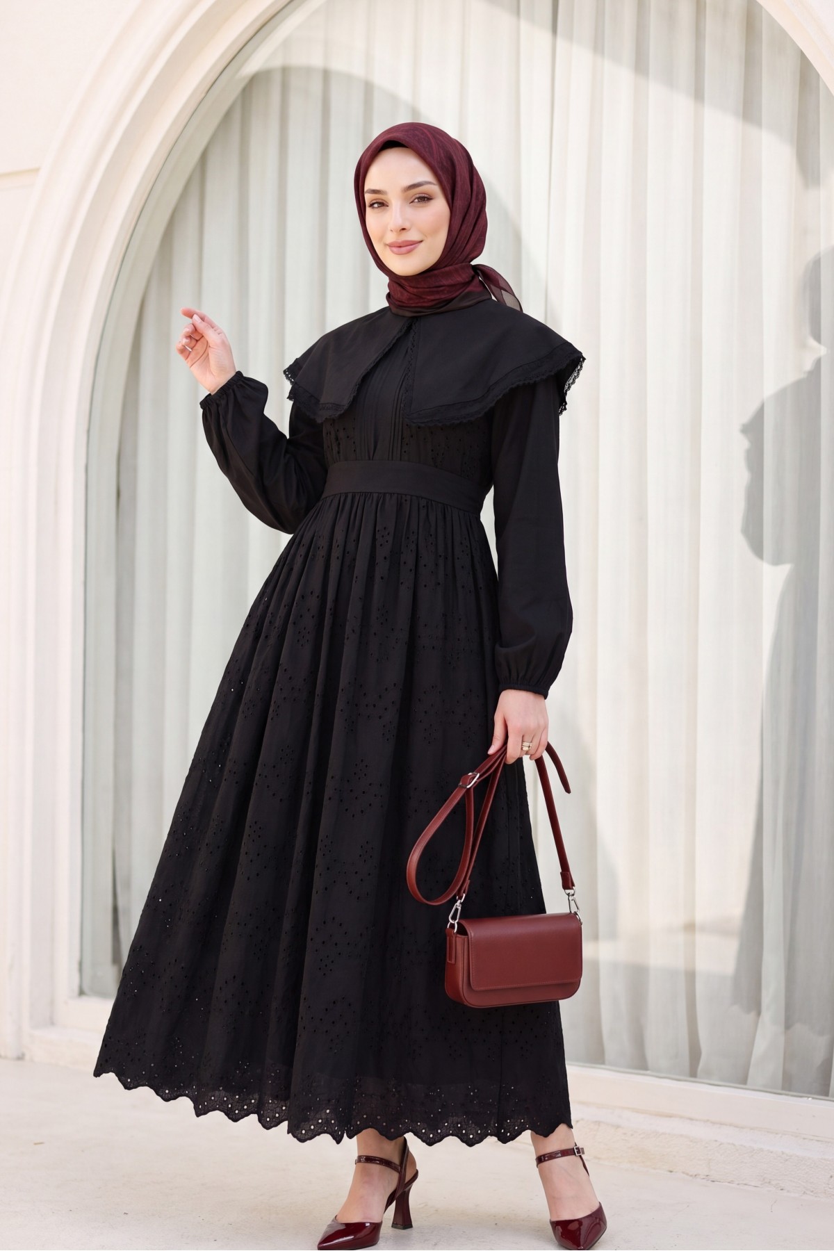 Cape Collar Lace Detail Dress -Black