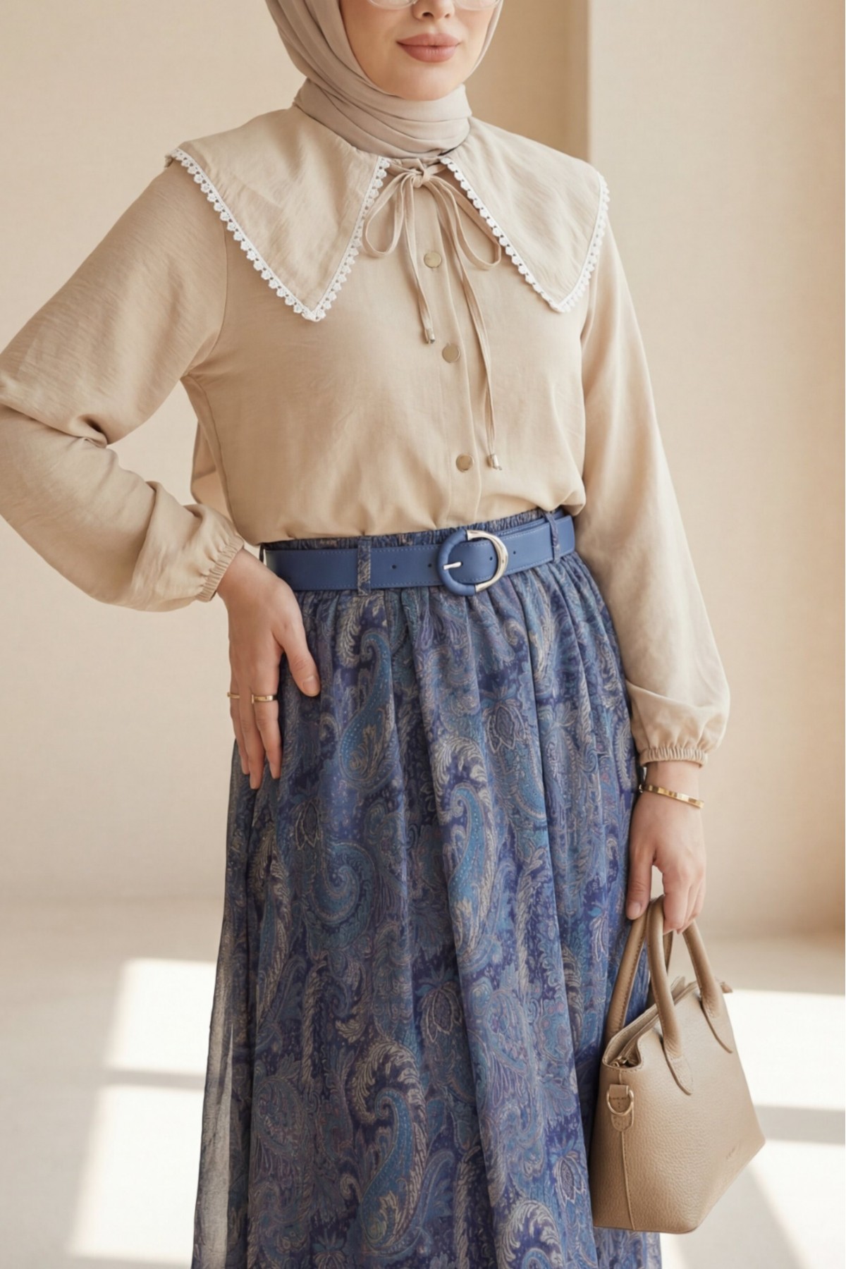 Asymmetrical Cut Lined Belted Chiffon Skirt  -İndigo
