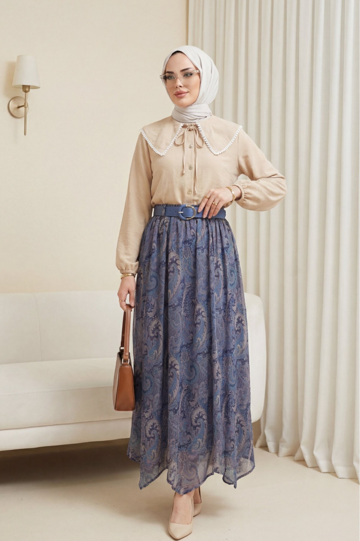 Asymmetrical Cut Lined Belted Chiffon Skirt  -İndigo