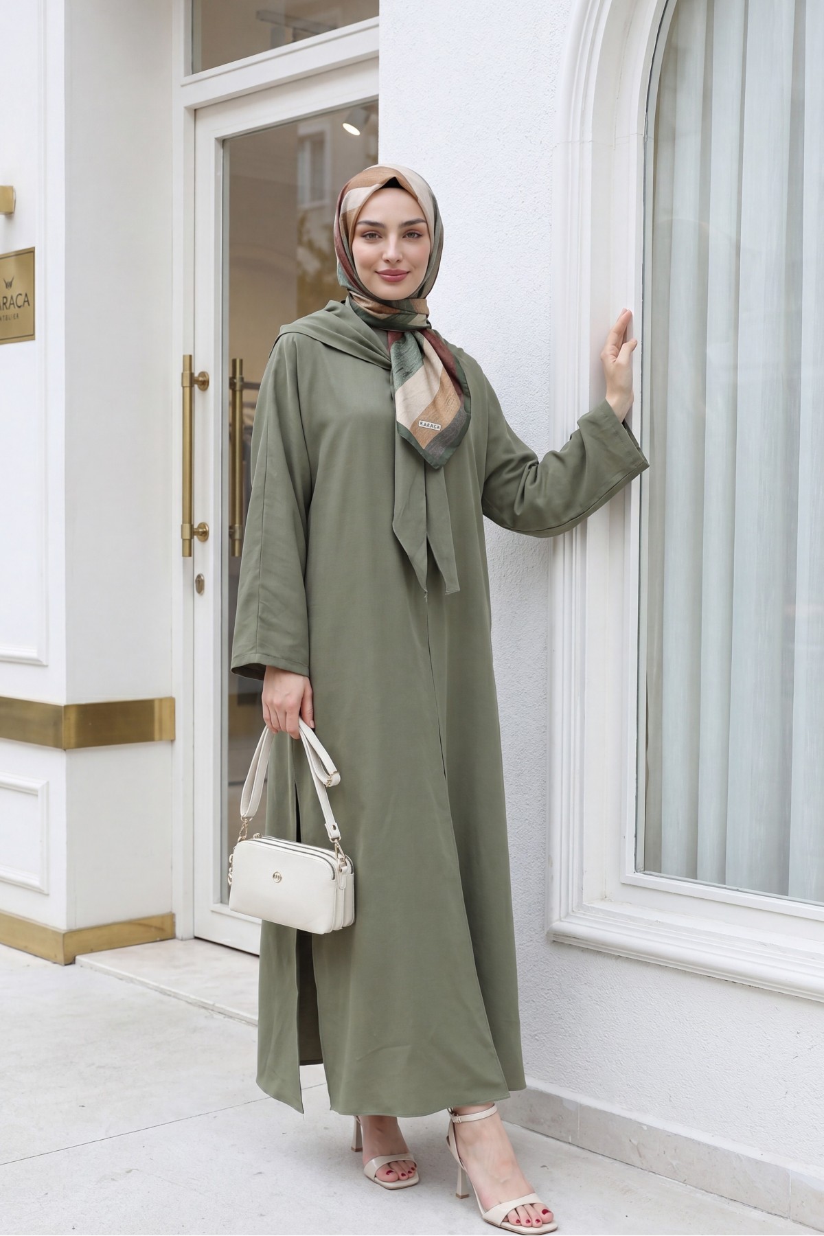 Modal Suit with Scarf Detail and Deep Slit Pants, with Pockets -Khaki