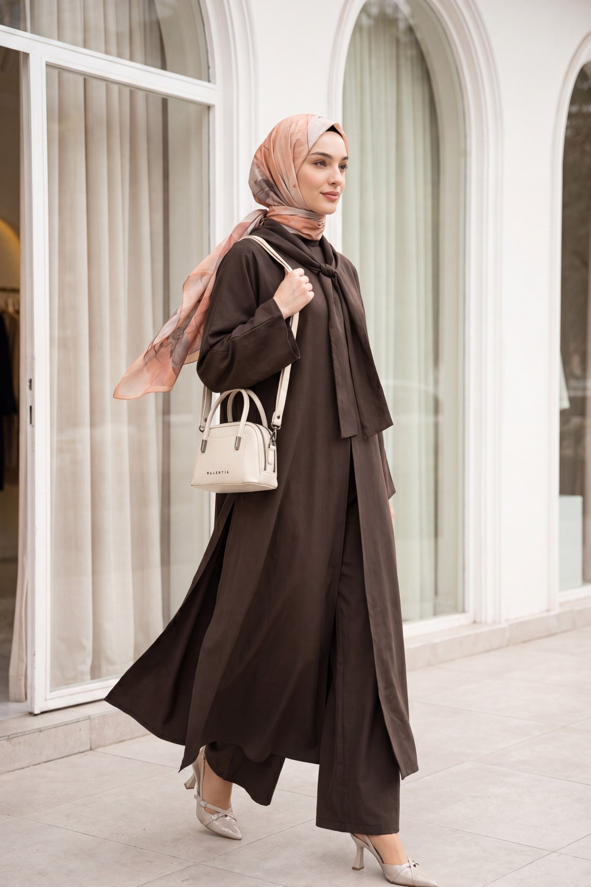 Modal Suit with Scarf Detail and Deep Slit Pants, with Pockets -Brown