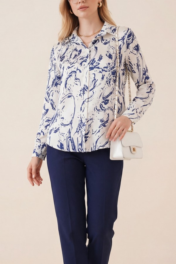 Watery Pattern Satin Shirt -Navy blue