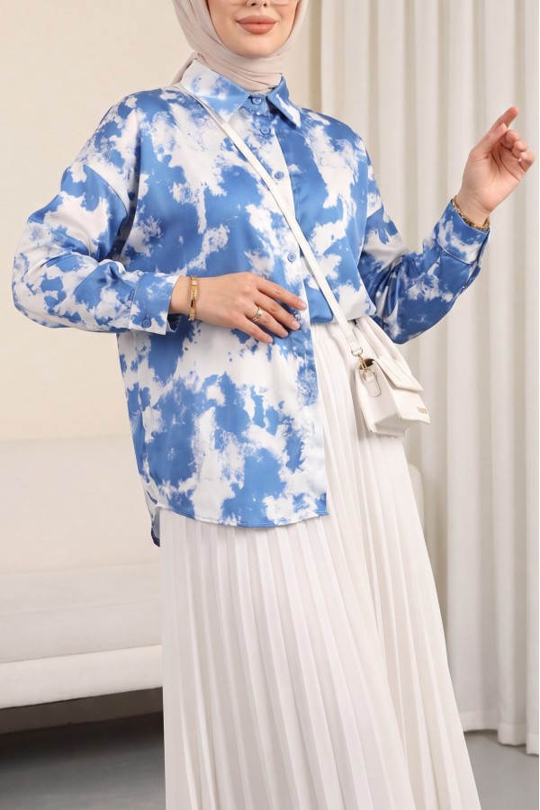 Spray Pattern Satin Shirt -Saxe 
