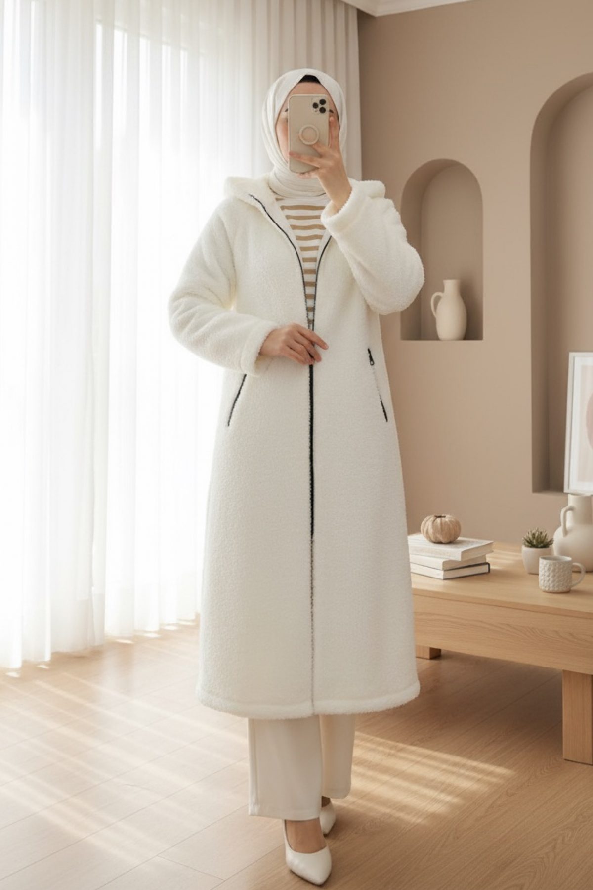 Lined Hooded Lamb Plush Winter Coat  -Ecru