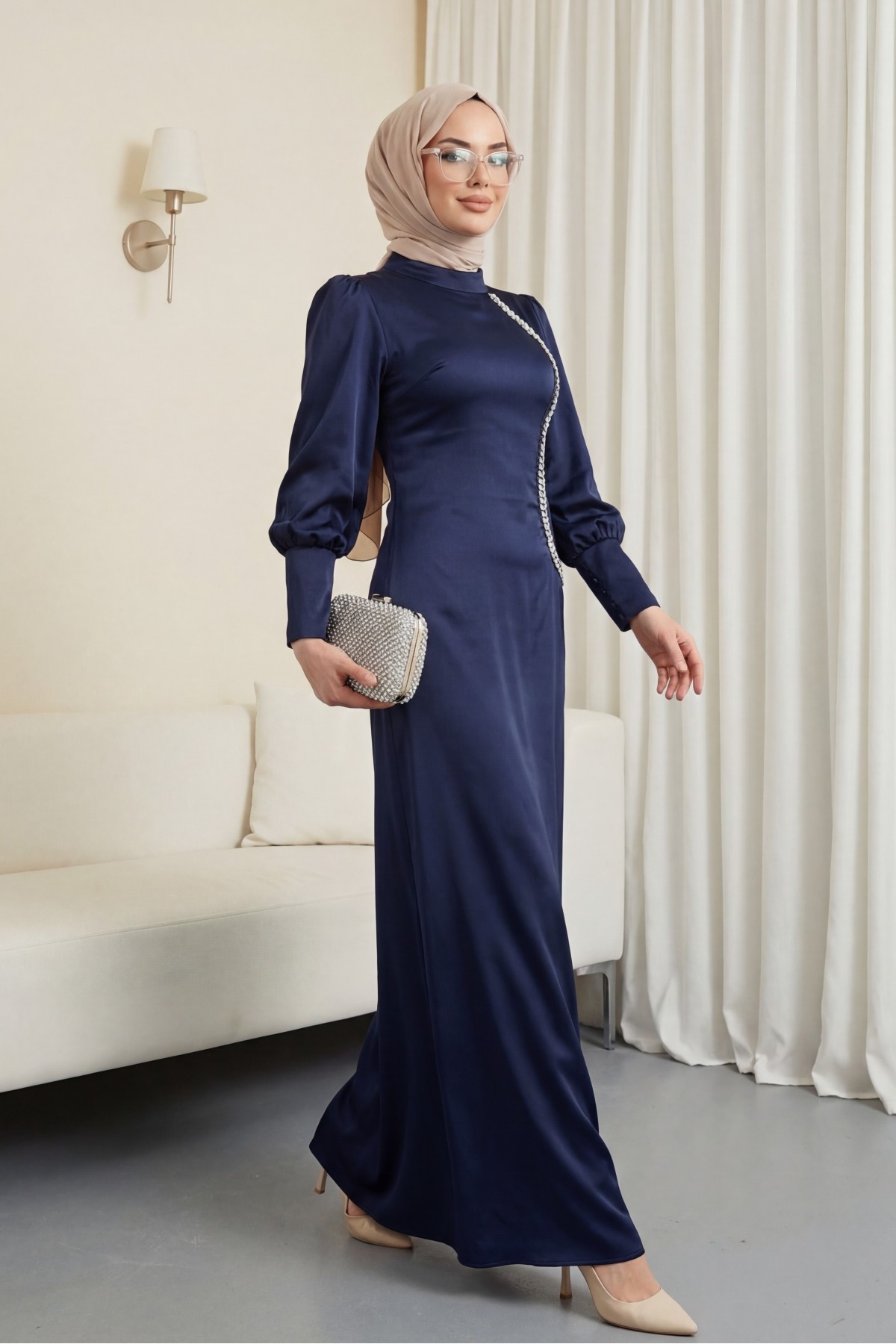Satin Evening Dress with Zippered Cuff and Stone Detail -كحلي