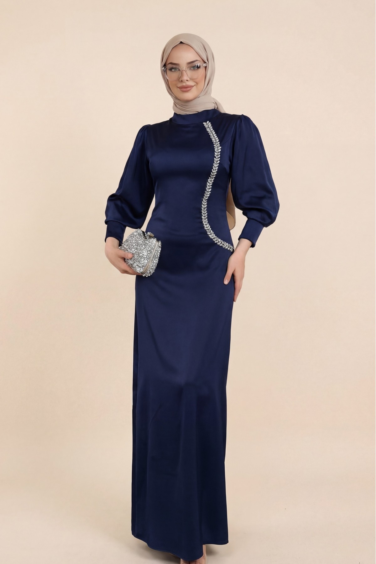 Satin Evening Dress with Zippered Cuff and Stone Detail -كحلي